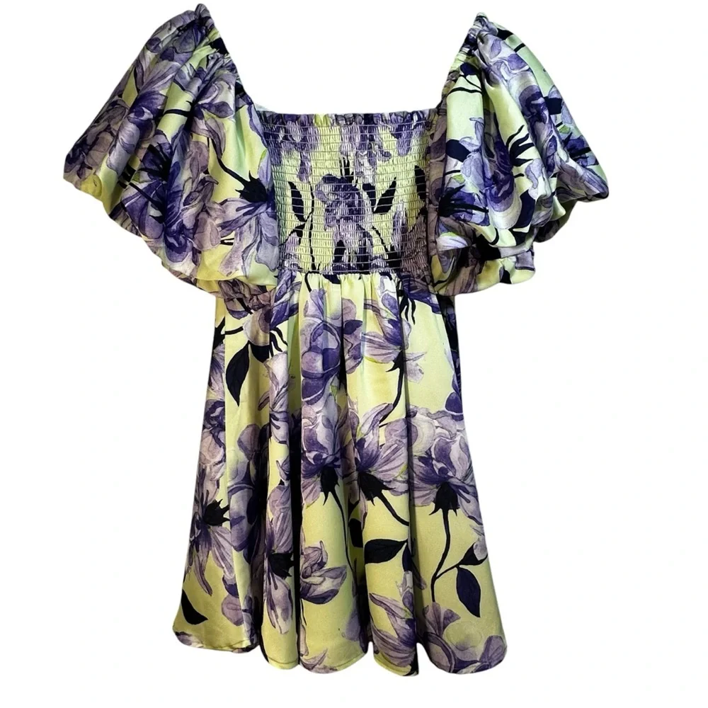 DELFI Purple Yellow Floral Puff Sleeve Sweetheart Mini Dress M Coquette Girl - Picture 10 of 11